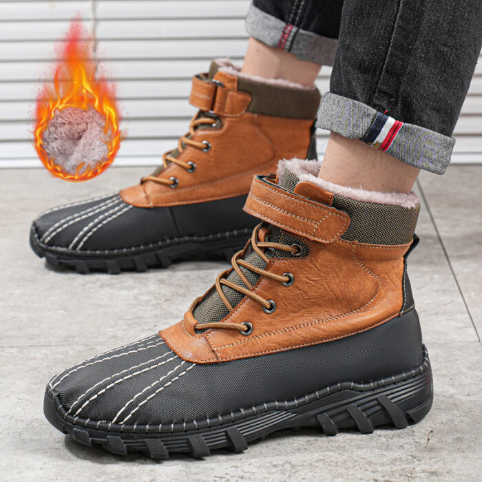 Winter Fleece Lace-up Snow Boots For Men Women Waterproof And Anti-slip Outdoor Work Boot Fashion Warm Mid-tube Cotton Shoes Men - Image 1