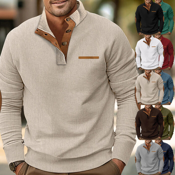 Winter Faux Pocket Casual Stand Collar Long Sleeve Corduroy Men's Sweater - Image 1