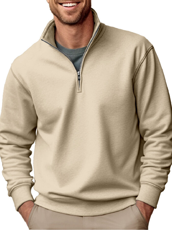 Casual Zipper Stand-up Collar Thick Fleece-lined Solid Color Men's Sweater - Image 10