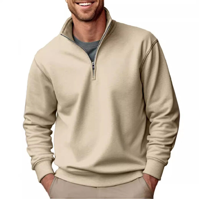 Casual Zipper Stand-up Collar Thick Fleece-lined Solid Color Men's Sweater - Image 5
