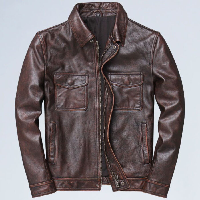 Lapel Motorcycle Leather Men's Casual Retro Leather Jacket Coat - Image 1