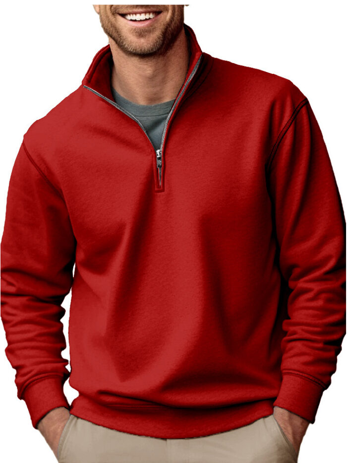 Casual Zipper Stand-up Collar Thick Fleece-lined Solid Color Men's Sweater - Image 8