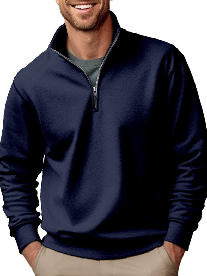 Casual Zipper Stand-up Collar Thick Fleece-lined Solid Color Men's Sweater - Image 7