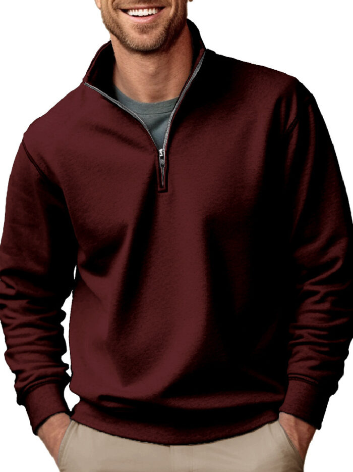 Casual Zipper Stand-up Collar Thick Fleece-lined Solid Color Men's Sweater - Image 9